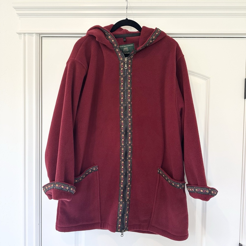 Orvis Polartec Hooded Red Coat Jacket Womens L Large Made In USA Floral Flowers